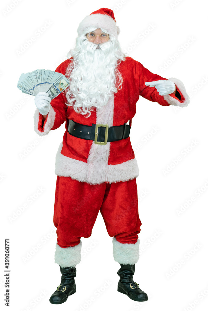 Santa holds fan of dollars money notes, shows index finger. Santa Claus is holding dollar money notes, showing finger on white background. Christmas coming Santa holds fan of dollars money notes, shows index finger. Santa Claus is holding dollar money notes, showing finger on white background. Christmas coming