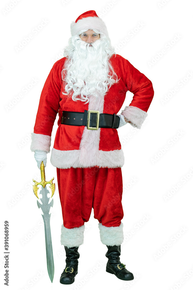 Santa holds sword. Santa Claus is holding sword on white background. Christmas coming Santa holds sword. Santa Claus is holding sword on white background. Christmas coming