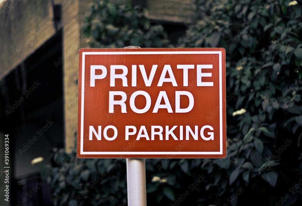 No parking sign. Private road sign. Road sign. Clear red and white sign. No thoroughfare. Not allowed. No go. No parking sign. Private road sign. Road sign. Clear red and white sign. No thoroughfare. Not allowed. No go.