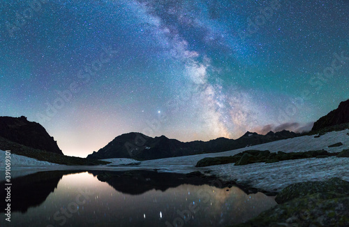 Milkyway core over lake with reflection of Jupiter and Saturn