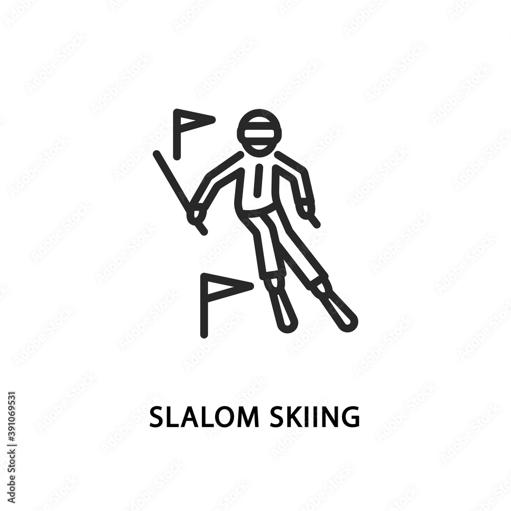 Slalom skier flat line icon. Vector illustration a person who is skiing down the mountain between flags.