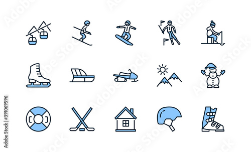 Winter sport flat line icons set blue color. Vector illustration ski resort symbols, included skier, slalom, snowboarder, cableway, equipment. Editable strokes.