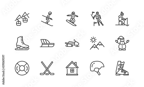 Winter sport flat line icons set. Vector illustration ski resort symbols, included skier, slalom, snowboarder, cableway, equipment. Editable strokes.