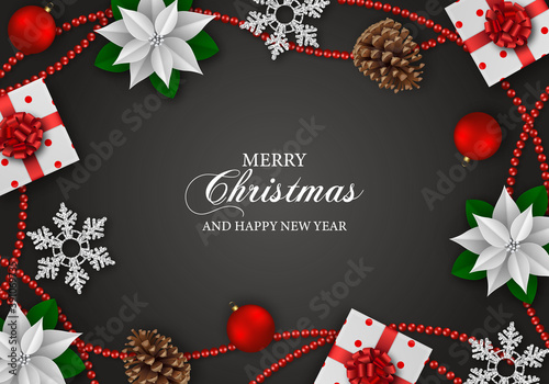 merry christmas background with white poinsettia flowers, gift boxes, pine cones, snowflakes and christmas balls
