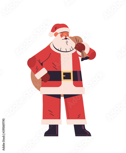 santa claus holding sack bag with gift boxes happy new year merry christmas holidays celebration concept full length vertical vector illustration