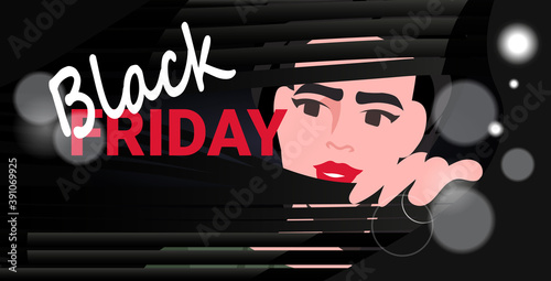 woman looking out window through jalousie black friday sale promotion discount banner horizontal portrait vector illustration