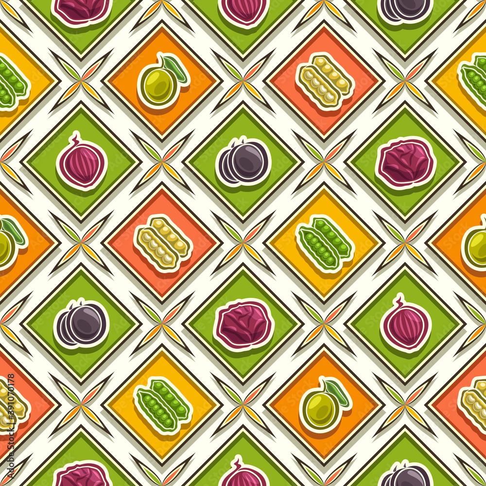 Vector Vegetable Seamless Pattern, square repeating background, isolated illustrations of summer vegetables on white background, diamond seamless pattern with flat lay fresh organic produces in cells.