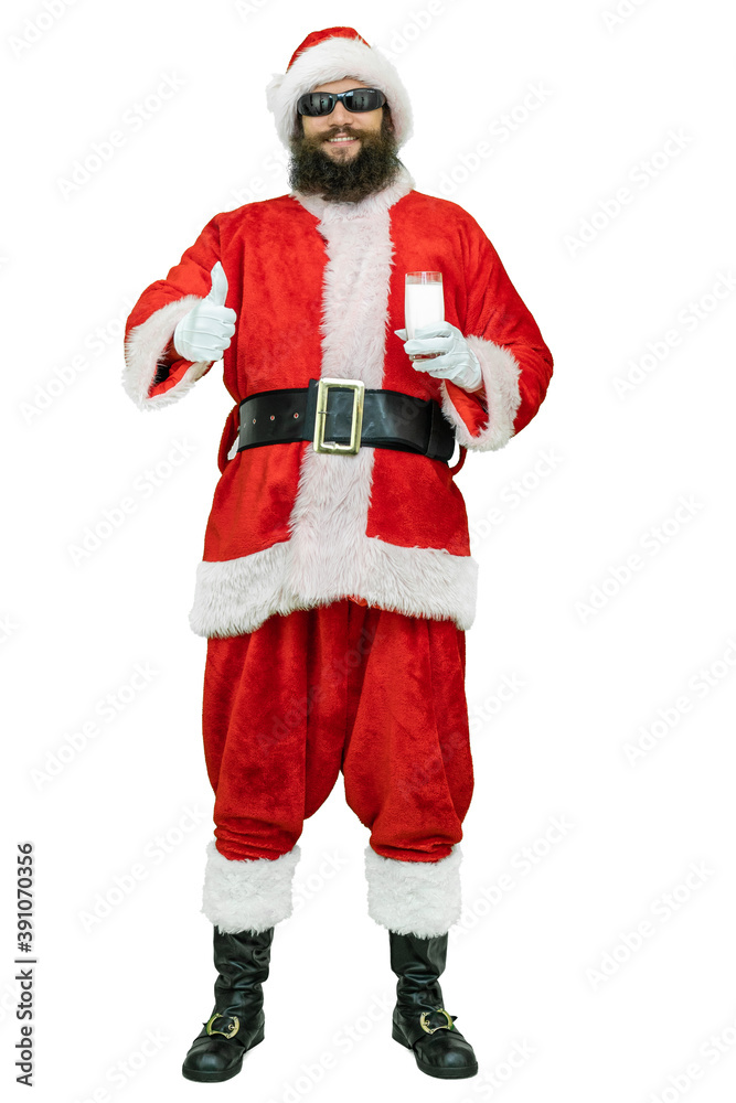 Arabic Santa with black beard holds milk glass, shows thumb finger up. Santa Claus is holding glass of milk on white background. Christmas coming Arabic Santa with black beard holds milk glass, shows thumb finger up. Santa Claus is holding glass of milk on white background. Christmas coming