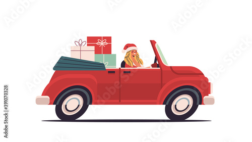 girl in santa claus costume delivering gifts on red car merry christmas happy new year holiday celebration concept horizontal vector illustration