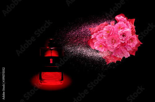 Foto From a glass bottle located on a black background, a directed jet sprays a perfume composition of scents of scarlet rose and carnation flowers