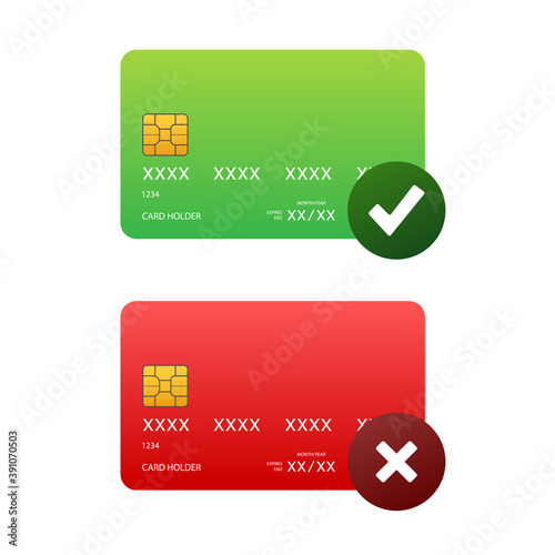 Credit cards with approved and rejected. Finance security transfer check. Transaction symbol. Vector stock illustration.