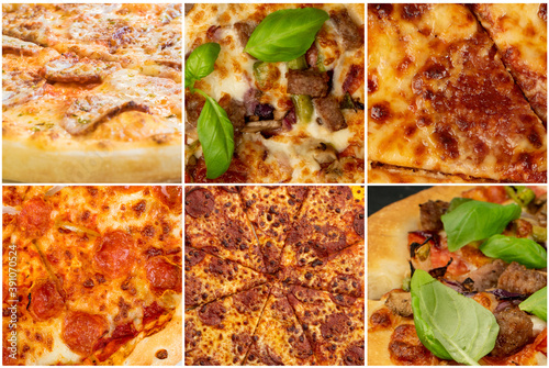 Pizza Food Collage, Various Pepperoni Collection Mix