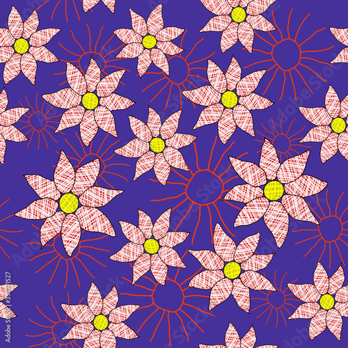 Red and yellow flowers against a blue background.