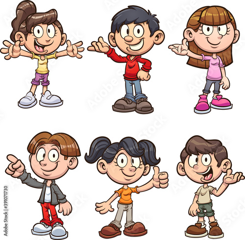 Cute cartoon boys and girls on different poses. Vector clip art illustration with simple gradients. Each on a separate layer. 
