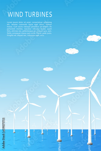 Wind turbines on water. The concept of renewable, alternative wind power. Space for text. Vector illustration, flat style