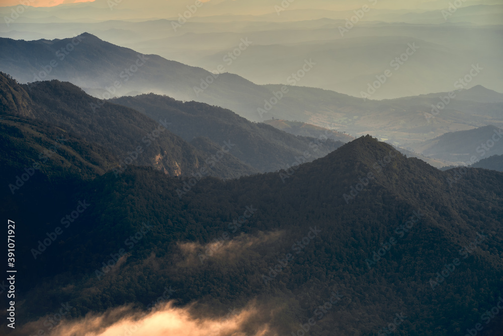 Fog over the Doi Inthanon mountain, Chiang Mai Thailand. The highest peak of Thailand