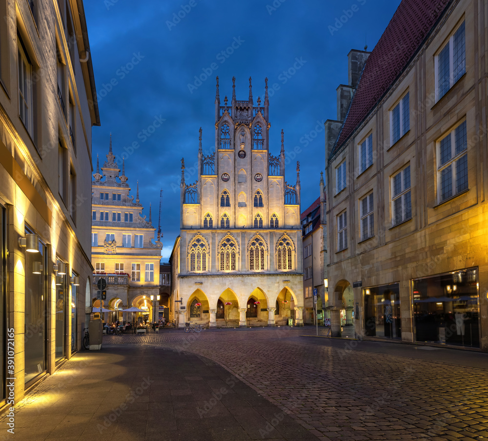 Munster, Germany. Historical City Hall at dusk