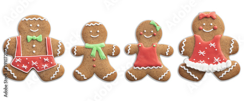 Happy Gingerbread Man Family. Christmas Decorated Cookies. Object Isolated on White Background