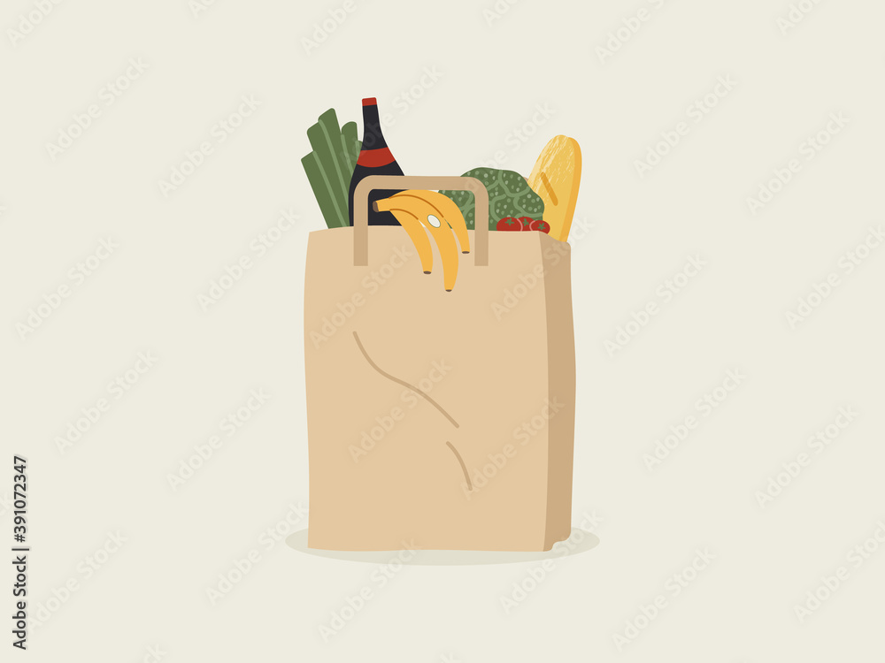 Naklejka Eco friendly paper package with healthy groceries isolated on light. Brown pack with handle full of purchases. Packet for tasty food - vegetables, fruit and bottle of wine or oil.Vector illustration