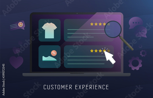 Customer Experience, feedback review, cx survey online marketing concept. Happy customer puts a 5-star rating for the service, online store and purchased goods. Modern Business Vector illustration