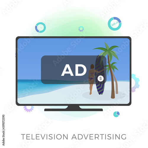 Television Advertising flat vector icon. Multimedia targeted tv marketing and addressable video broadcasting advertising concept. Isolated on white background vector illustration