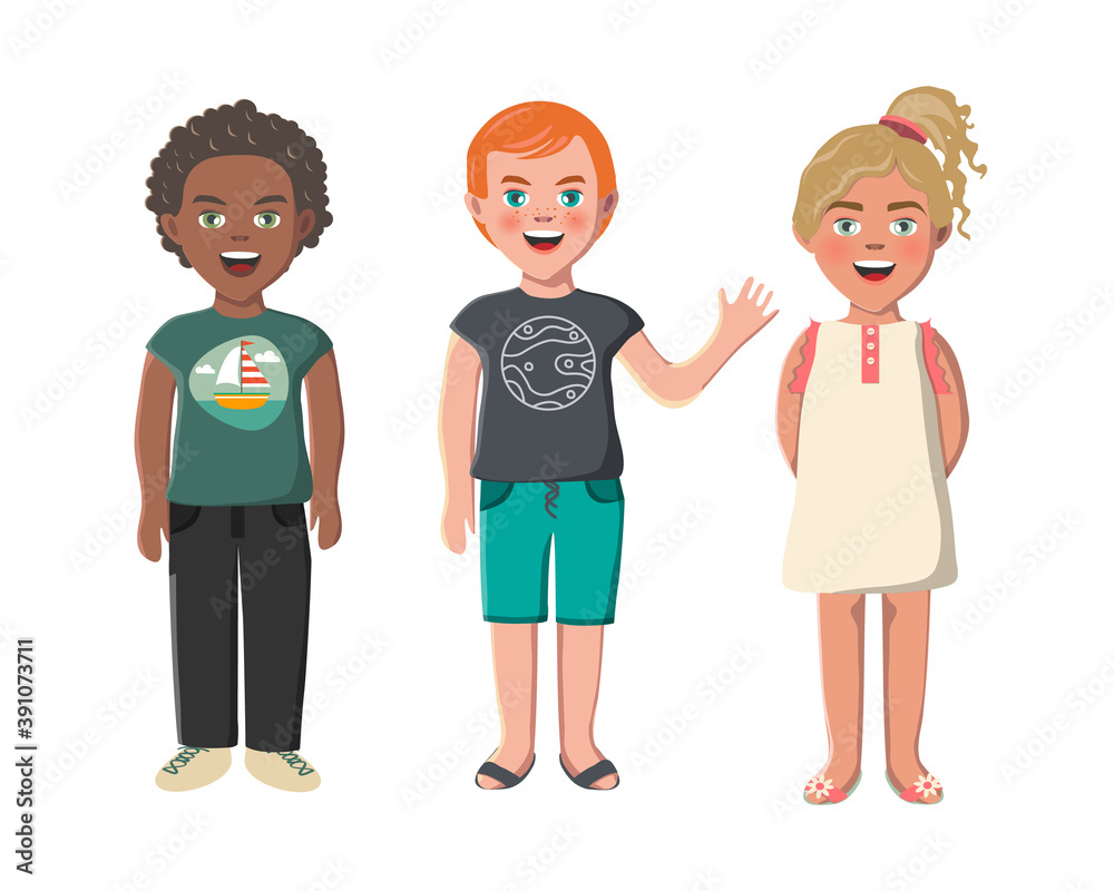 Fototapeta premium Multiethnic friends. Three different kid faces. Asian, african and caucasian standing in summer clothes. isolated vector illustration
