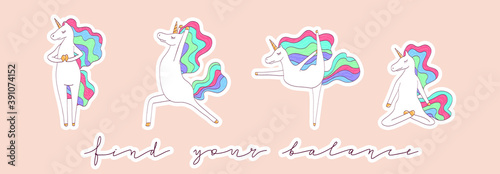 Cute vector unicorn doing yoga sticker set.