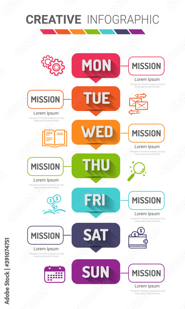 Timeline business for 7 day, 7 options, Timeline infographics design vector and Presentation business can be used for Business concept with 7steps or processes. Timeline business for 7 day, 7 options, Timeline infographics design vector and Presentation business can be used for Business concept with 7steps or processes.