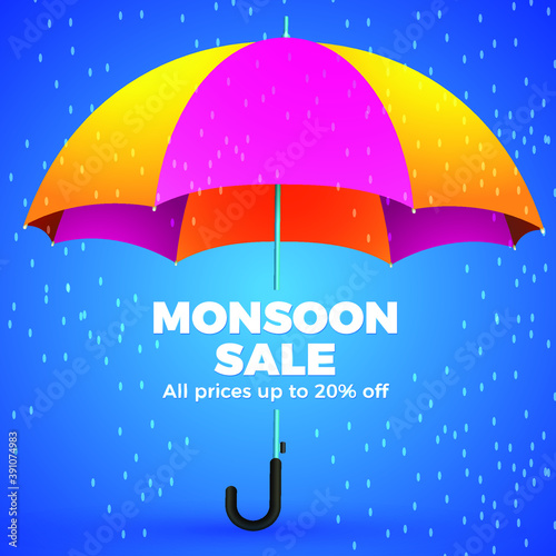 Monsoon Sale Offer Concept, Template, Banner, Logo Design, Icon, Poster, Label, Web Header, Background Mnemonic with Umbrella over it. Monsoon season raining drops. Eps10 vector illustration.