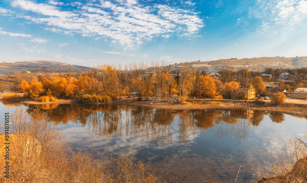 Lake in a village in one of the regions of Azerbaijan in autumn