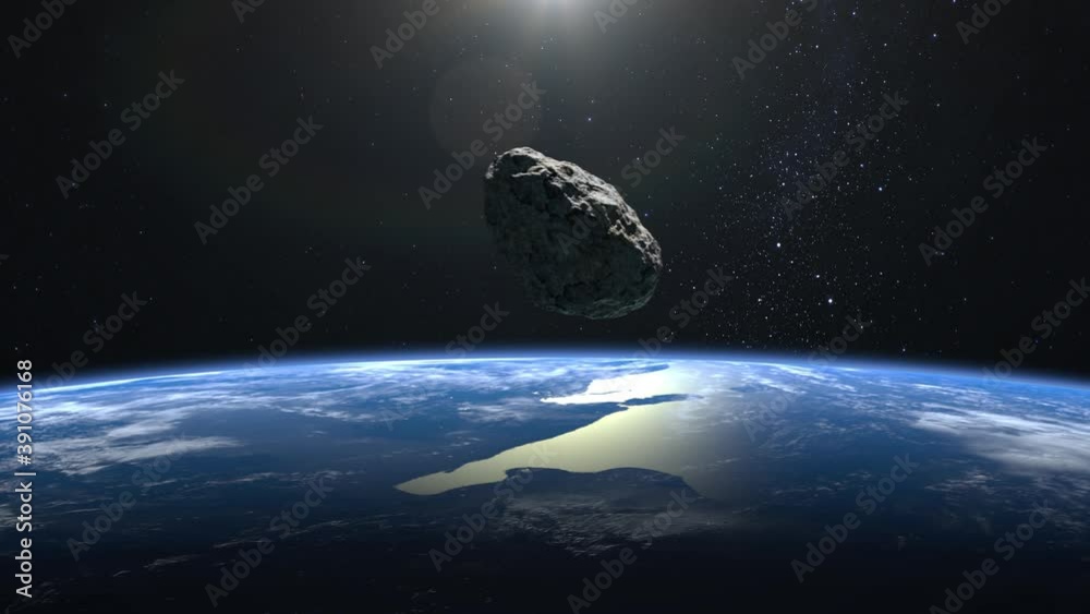 The asteroid flies over the Earth to the right and rotates slowly. 4K. 3d rendering.