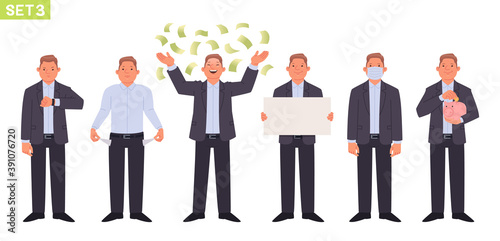 Businessman character set. Man manager in different poses and situations.  Person looks at his watch, no money