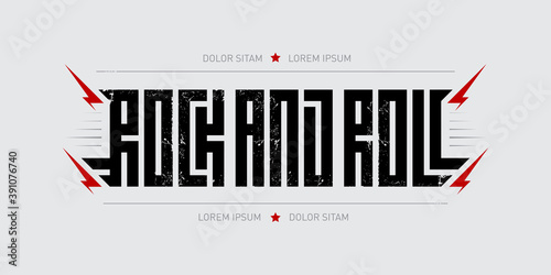 Rock and roll - music poster with red lightnings and stars. Rock'n'roll - design for t-shirt.
