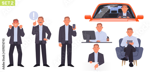 Businessman character set. Man manager in different positions and situations. Person is angry, points to something