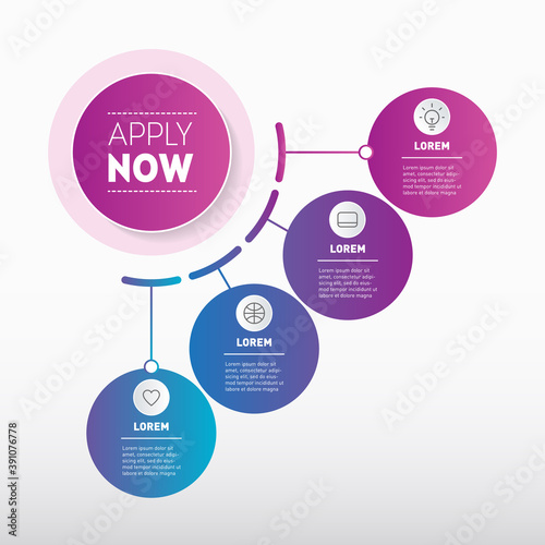 Quarterly report. Business presentation concept with 4 options and button "Apply now". Template of diagram.  Vector Infographic of technological or education process with four steps.
