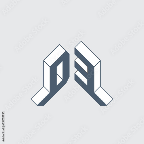 Isometric 3d font for design. Original letters. D and number 3. Volume alphabet. D3 - monogram or logotype.