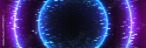 Synthwave neon background. Glitch effect. Blue circle. 80s style. Pink glow. Dark retrowave banner template