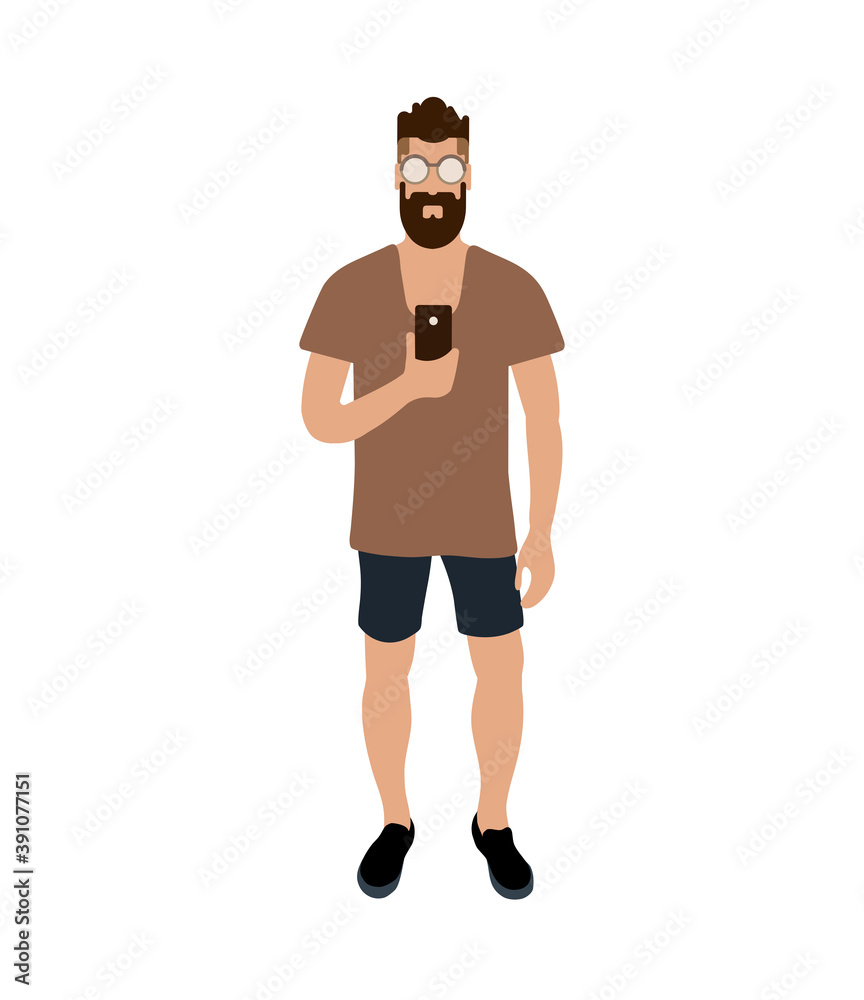 Fototapeta premium Hipster man making selfie. Cartoon character with beard in brown t-shirt and black shirts. EPS 10 Vector.