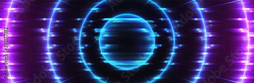Synthwave neon background. Glitch effect. Blue circle. 80s style. Pink glow. Dark retrowave banner template
