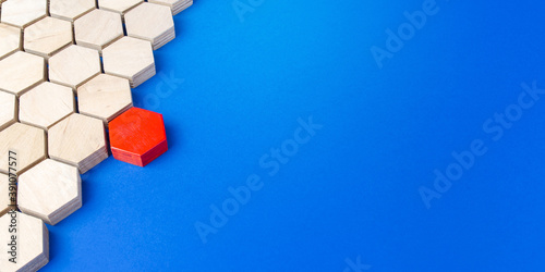 Red hexagon connects to majority structure of others. Start a chain reaction. Dissimilarity and dissent. Uniqueness initiative. Break order. Superfluous, unsuitable. Going beyond. Untypical Concept .