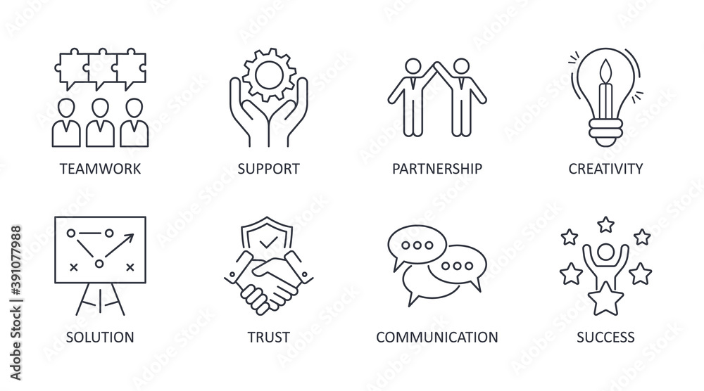 Vector collaboration icons. Editable stroke. Teamwork problem solving solution partnership. Trust communication creativity success support. Stock illustration Vector collaboration icons. Editable stroke. Teamwork problem solving solution partnership. Trust communication creativity success support. Stock illustration