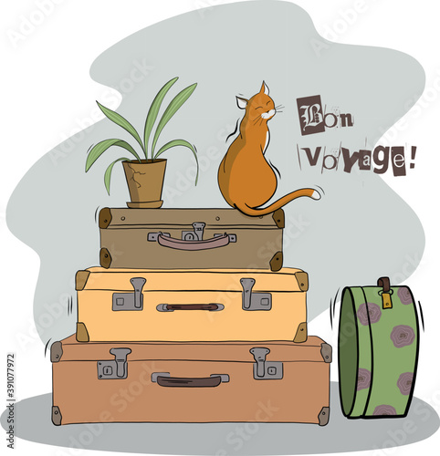 Cute cat sitting on the couple of suitcases, bon voyage illustration, travelling card, good trip wish