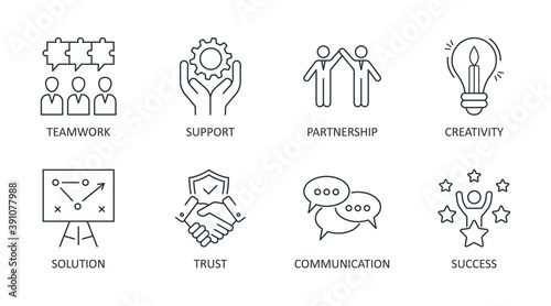 Vector collaboration icons. Editable stroke. Teamwork problem solving solution partnership. Trust communication creativity success support. Stock illustration
