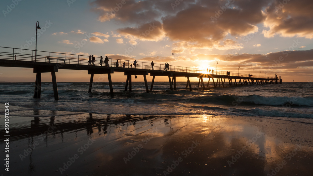Silhouette of Glenelg Jetty at sunset, South Australia, Adelaide.