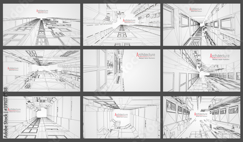 Architecture wireframe background set. Building blueprints vector. 3dbuilding wireframe architectural building. EPS 10 vector.