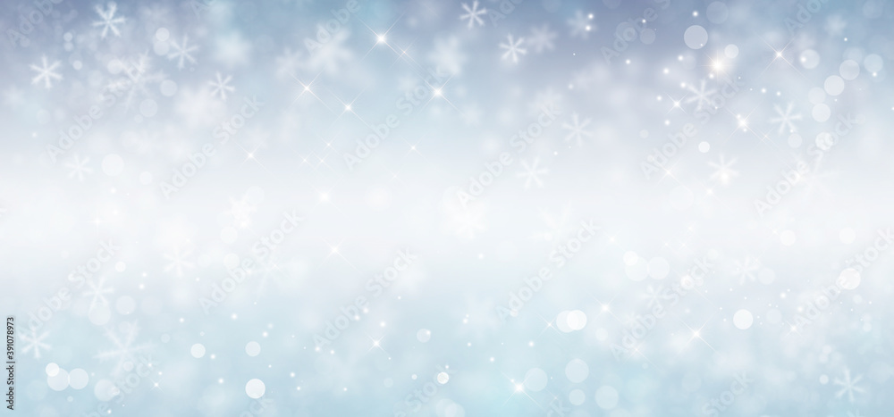 Christmas silver background with snow and stars. Winter illustration