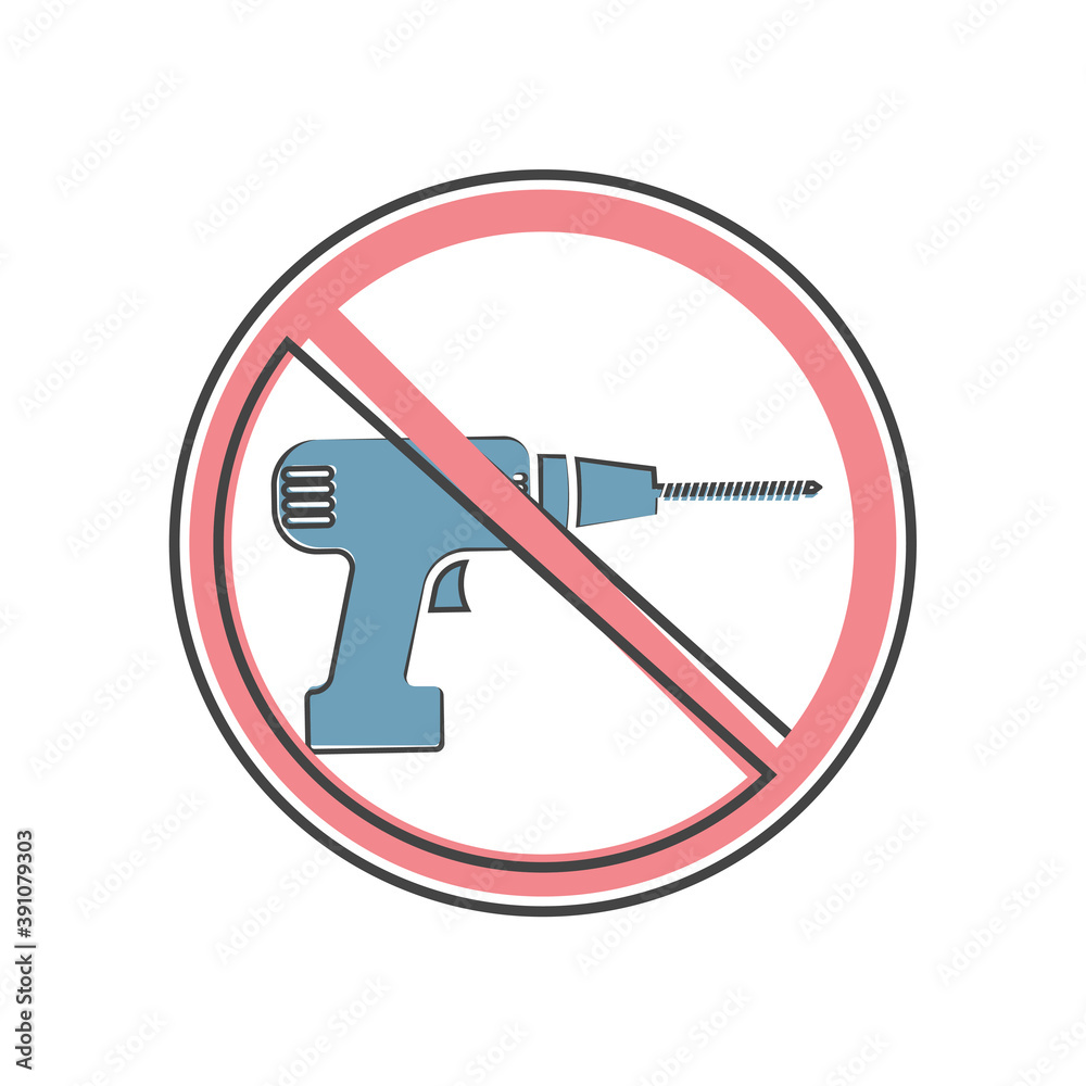Vector icon prohibiting drilling. No drill icon cartoon style on white isolated background. Vector icon prohibiting drilling. No drill icon cartoon style on white isolated background.