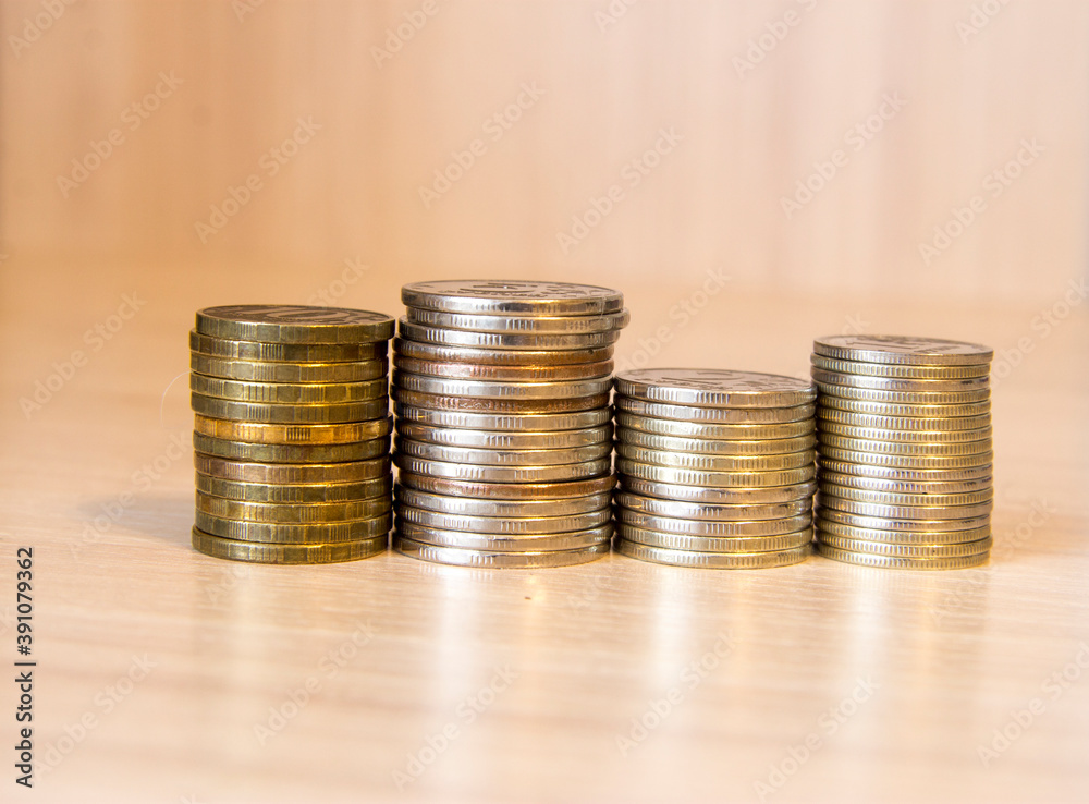 Stacks of Russian coins laying on the white background Stacks of Russian coins laying on the white background