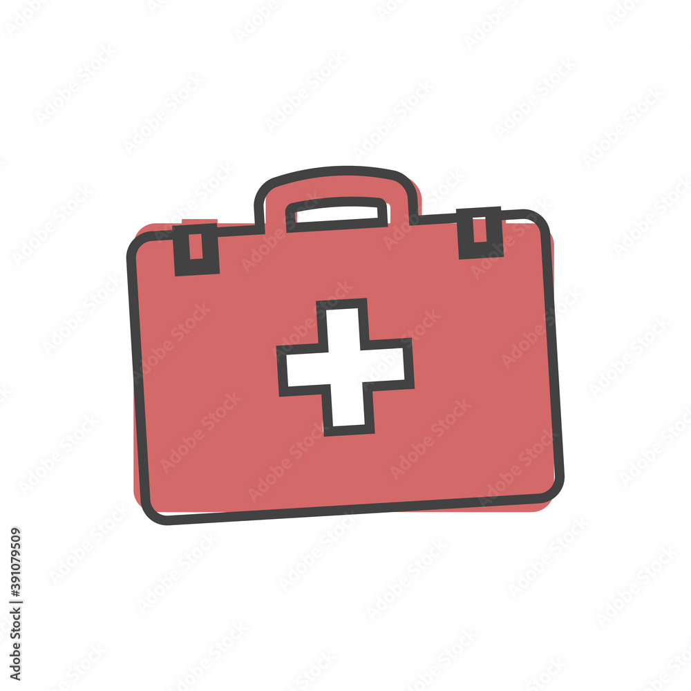 Vector icon indicates the presence of first-aid. Doctor. First Aid Kit cartoon style on white isolated background. Vector icon indicates the presence of first-aid. Doctor. First Aid Kit cartoon style on white isolated background.