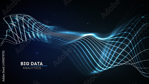 Big data wave on dark background. Futuristic cyber technology innovation backdrop. Communication network internet technology. Sound wave. Dynamic wave flow in blue color.